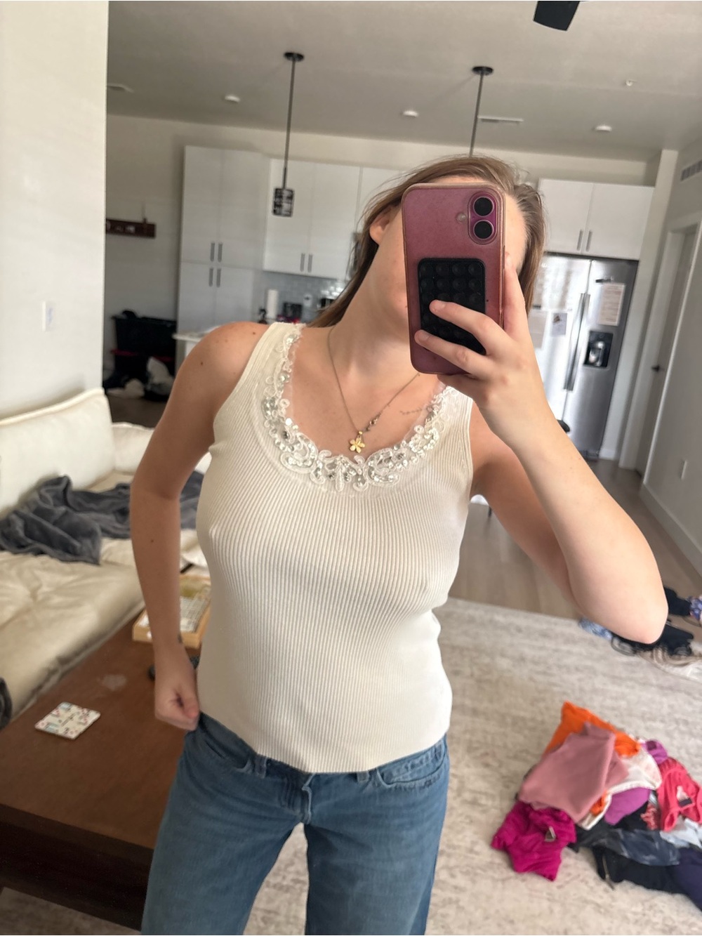Ribbed Cream Lace-Embellished Camisole